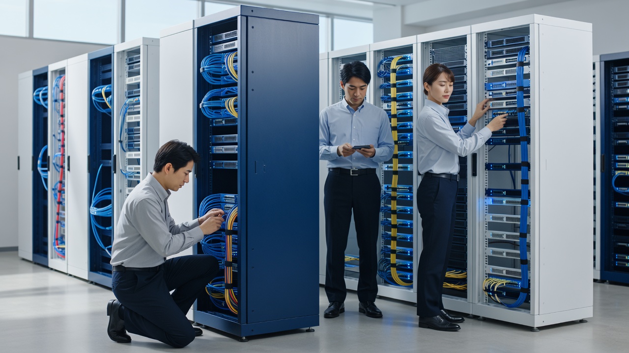 ネットワークケーブリング作業を行うエンジニア